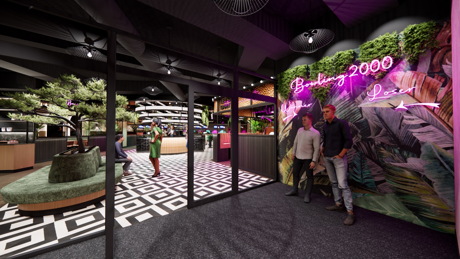 Eingangsbereich von Bowling 2000 mit Neon-Schriftzug und LED-Wall