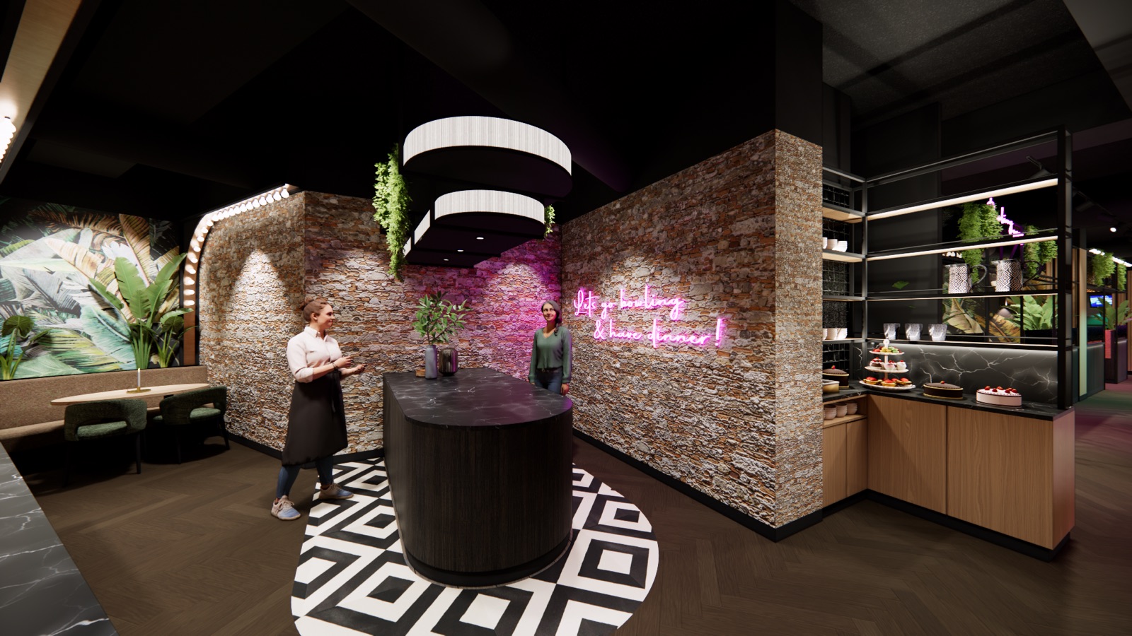 Bar und Lounge mit Steinwand und Neon