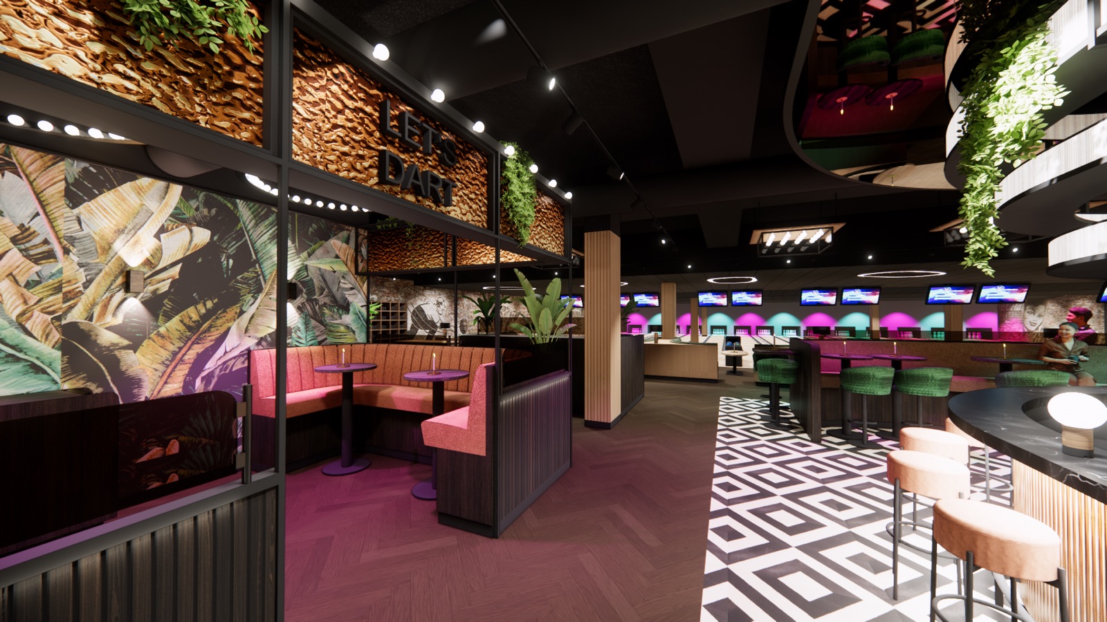 Blick durch Bowling 2000 in Bocholt: beleuchtete Bowlingbahnen, Social-Darts-Bereich und Bar