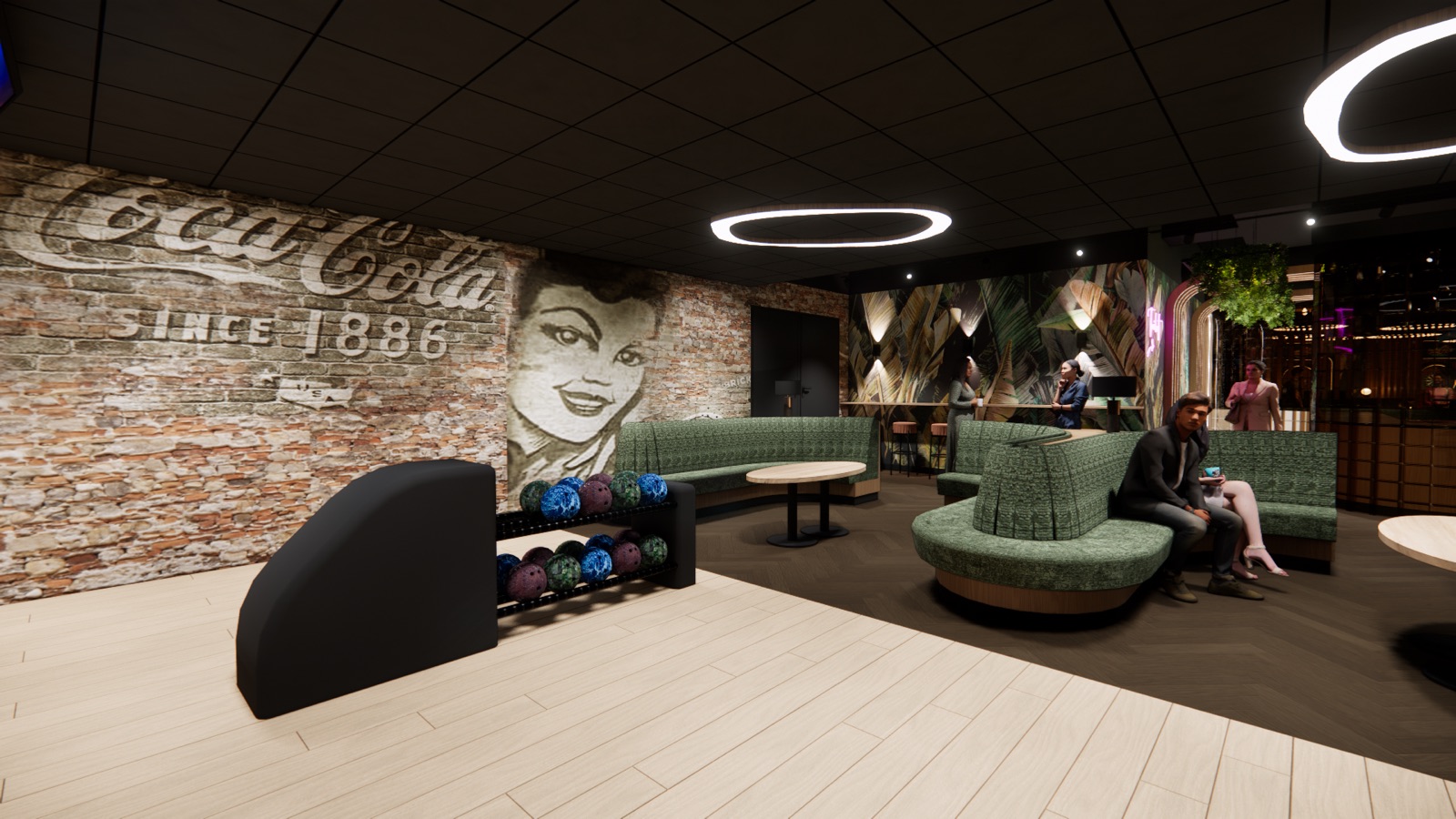 Helle Lounge mit Bowlingkugeln bei Bowling 2000