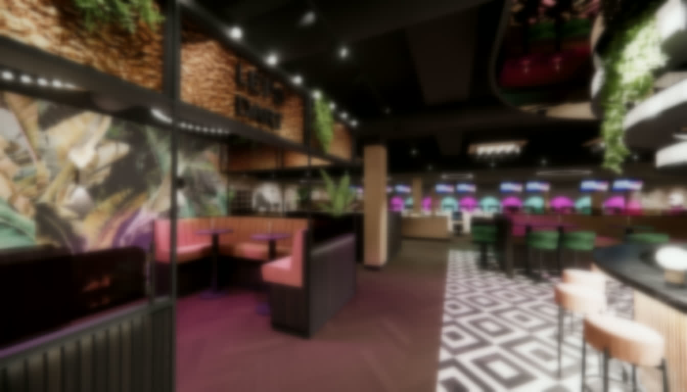 Blick durch Bowling 2000 in Bocholt: beleuchtete Bowlingbahnen, Social-Darts-Bereich und Bar
